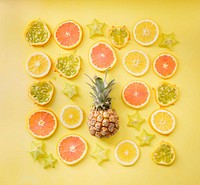 A spread of various sliced fruits. Original public domain image from Wikimedia Commons