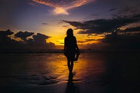 Girl stading on the beach, backview, sunset, silhouette.  Original public domain image from Wikimedia Commons