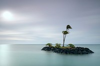 An isolated island with palm trees near the tropical Kāhala Beach on a windy clear day. Original public domain image from Wikimedia Commons