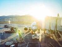 Parking aircraft on the tarmac. Original public domain image from Wikimedia Commons