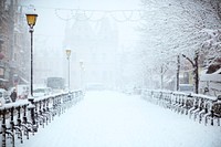 City covered by snow. Original public domain image from Wikimedia Commons