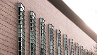 Tall barred windows on red brick building wall with clear sky. Original public domain image from Wikimedia Commons