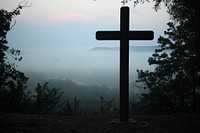 Silhouette of Christian cross near foggy mountain lookout in Egan Camp & Retreat Center. Original public domain image from Wikimedia Commons