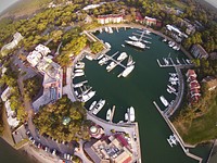 An overhead shot of the marina, yachts and the resort at Harbour Town Golf Links.. Original public domain image from Wikimedia Commons