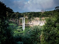 A waterfall pouring down from a forested cliff. Original public domain image from Wikimedia Commons