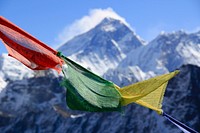 Standing on the peak and summit of Gokyo Ri in Nepal overlooking the massive Khumbu Valley and Mount Everest, Chomolungma. Original public domain image from Wikimedia Commons