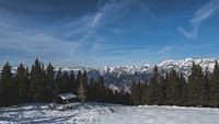 Snow covered mountains in the background of a forest of trees in Birgitzer Alm.. Original public domain image from Wikimedia Commons