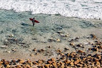 Surfer with a surfboard standing in the shallow ocean water at Point Dume State Beach. Original public domain image from <a href="https://commons.wikimedia.org/wiki/File:Surfer_standing_in_ocean_(Unsplash).jpg" target="_blank" rel="noopener noreferrer nofollow">Wikimedia Commons</a>