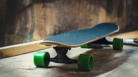 Blue skateboard with green wheels near a wooden wall. Original public domain image from Wikimedia Commons