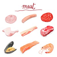 Hand drawn meat products watercolor style