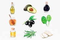 Watercolor food ingredients psd hand drawn collection
