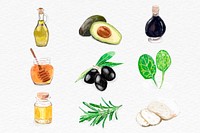 Watercolor food ingredients vector hand drawn collection