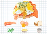 Hand drawn eggs benedict watercolor style