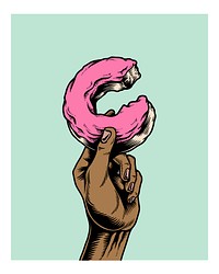 Hand holding a donut illustration wall art print and poster.
