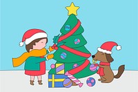 Little kid with a dog decorating a Christmas tree vector