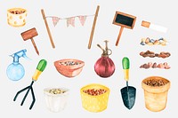 Gardening tools in watercolor psd sticker set