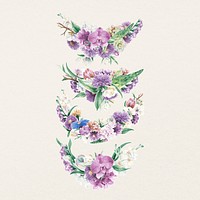 Flower ornament bouquet, purple botanical painting psd set