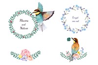 Illustration of hand painted flowers and birds isolated on white background