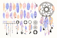 Pastel watercolor boho stye psd feathers and dreamcatchers