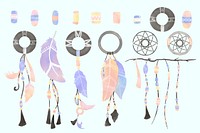 Pastel watercolor boho stye psd feathers and dreamcatchers