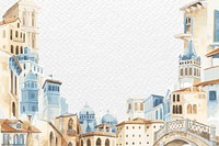 Border vector with architectural Mediterranean buildings in watercolor on white paper textured background