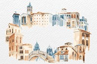 Frame psd with Mediterranean architecture in pastel color on white textured background