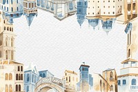 Frame psd with Mediterranean architecture in pastel colors on white textured background