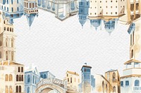 Frame vector with architectural Mediterranean buildings in watercolor on white paper textured background