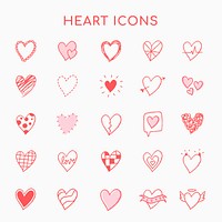 Heart icons, pink set vector in hand-drawn doodle style