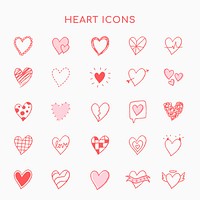 Heart icons psd, pink set in hand-drawn doodle style