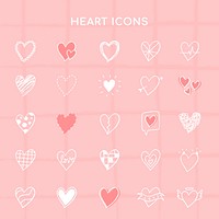 Heart icons psd, pink set in hand-drawn doodle style