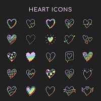 Rainbow heart icons, vector set in doodle style