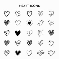 Heart icons set, simple vector doodle in hand-drawn style