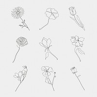 Flower hand drawn psd set black single line art