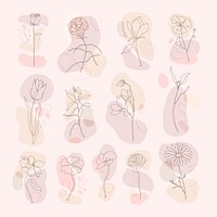 Flower hand drawn psd set single line art with pink memphis design