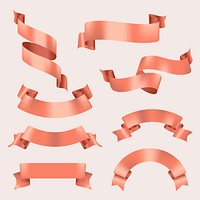 Ribbon banner psd art, rose gold realistic label design set