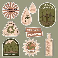 Save environment sticker psd set in crinkled paper texture