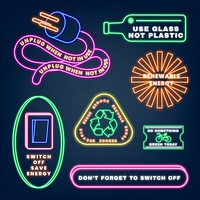 Neon sign environment illustration psd set, green planet 