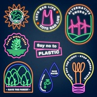 Neon sign environment illustration psd set, green planet 