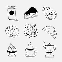 Cafe sticker illustrations, coffee and cake doodle set psd
