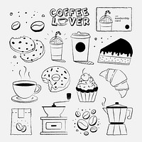 Cafe sticker illustrations, coffee and cake set psd