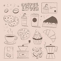 Cafe sticker illustrations, coffee and cake doodle set psd