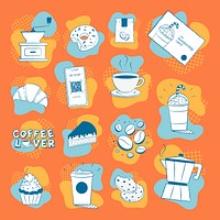 Cafe sticker illustrations, coffee and cake set psd