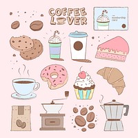 Cafe sticker illustrations, coffee and cake set psd