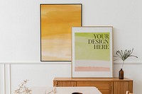 Picture frame mockup psd with motivational quote on ripped paper collage background