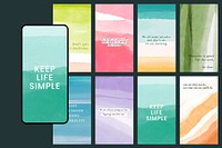 Watercolor facebook story template vector, life quote pastel background collection