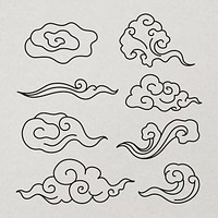 Traditional cloud sticker, black Chinese design clipart psd set