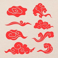 Oriental cloud sticker, red Japanese design clipart psd collection