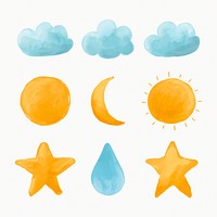 Watercolor cloud, sun, moon, star psd set