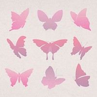 Flying butterfly sticker, pink gradient flat vector animal illustration set